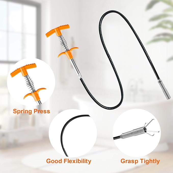 63 In Drain Snake Hair Drain Clog Remover Tool, Sink Drain Cleaner for Sewer Kitchen Bathroom Shower Tub Toilet Clogged Drains Opener Cleaning Tool, Flexible Grabber Claw Pick Up Reacher Tool
