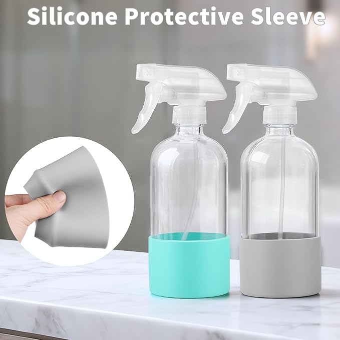 Glass Spray Bottles (2-Pack) with Silicone Sleeve - 16oz Empty Refillable Bottles - Adjustable Nozzle for Hair, Plants, Cleaning & DIY Solutions - Mint Green & Grey