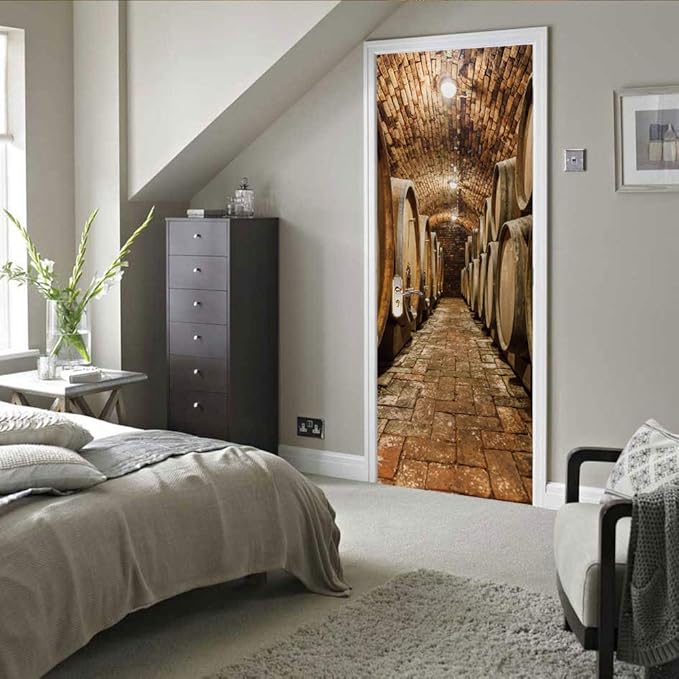 3D Door Stickers Murals Peel and Stick - Wine Cellar Wallpaper Self-Adhesive Decals Removable PVC Waterproof Poster for Bedroom Living Room Decoration 37.4" x 78.7"