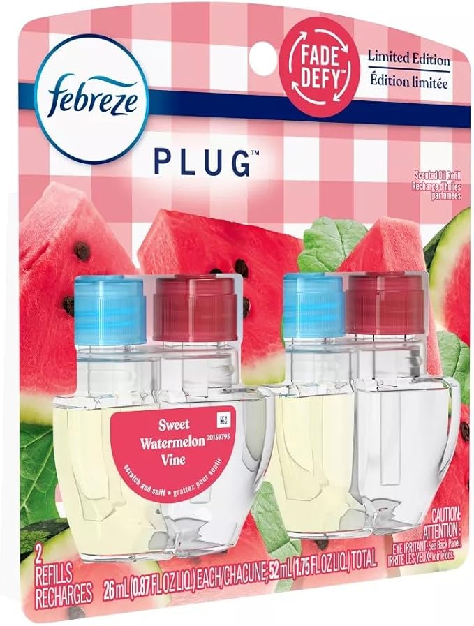 Febreze Plug with Fade Defy Technology Air Freshener - New Limited Edition - (2) of 0.87 fl oz Refills (Sweet Watermelon Vine)