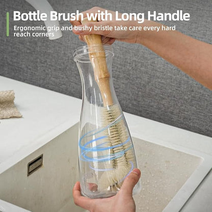 5-Pieces Bamboo Dish Brush Set with Palm Brush, Wooden Handle Dish Scrub Brush, Bottle Scrubber, 2 Loofah Sponge for Dishes, Pans, Bottles, Pots, Vegetables