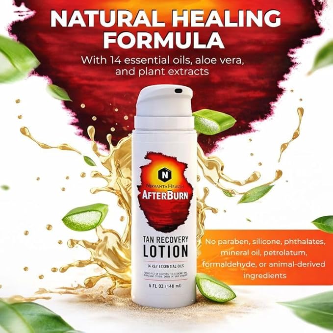 Nirvanta All-in-One AfterBurn Tan Recovery Lotion – Doctor-Formulated Aftersun Lotion w/Natural Ingredients & 14 Essential Oils for All Ages – After Sun Care for Deep Hydration & Peeling Minimization