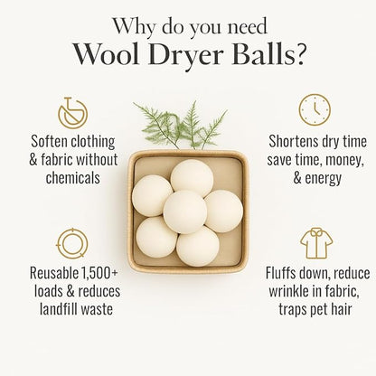 Wool Dryer Balls for Baby – XL 6-Pack with Mesh Bag – Baby Safe, Hypoallergenic, 100% New Zealand Wool – Chemical-Free Fabric Softener for Baby Clothes – White