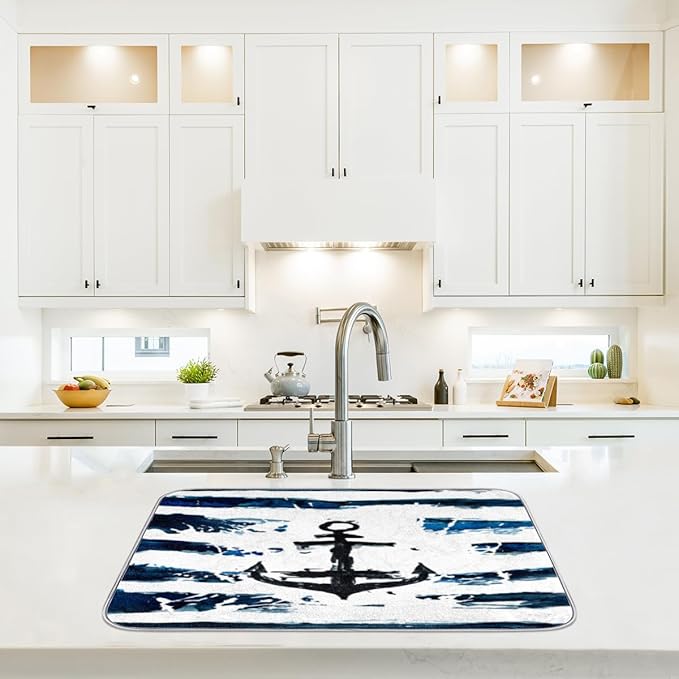 Honeybaby Dish Drying Mat Nautical Anchor Dish Drying Mats for Kitchen Counter Absorbent Kitchen Drying Mat Dish Rack Mat 18x24 inches