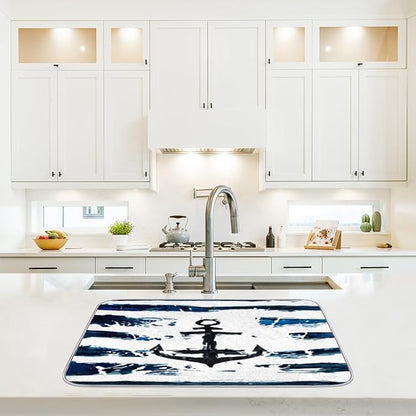 Honeybaby Dish Drying Mat Nautical Anchor Dish Drying Mats for Kitchen Counter Absorbent Kitchen Drying Mat Dish Rack Mat 18x24 inches