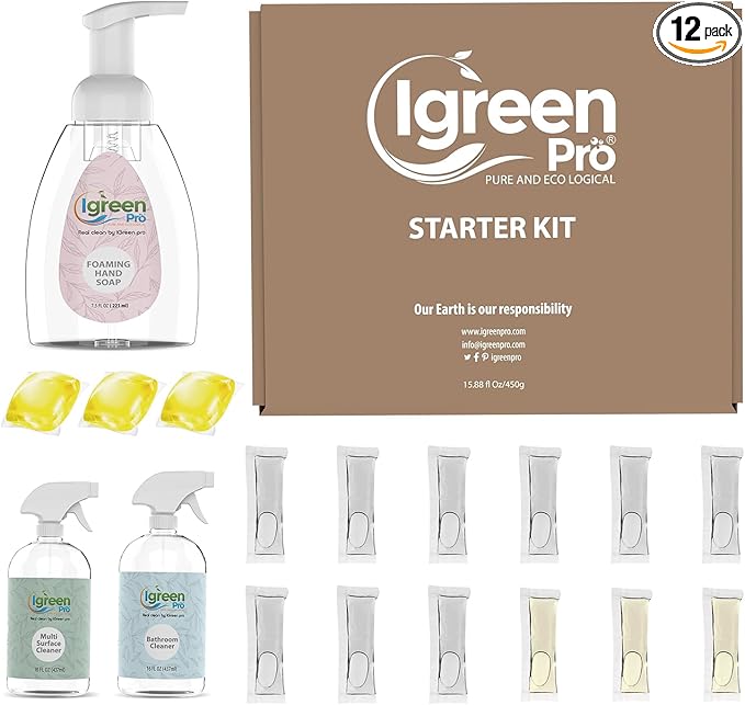 Starter Cleaning Kit I Multi Surface Cleaner I Bathroom Cleaner I Liquid Laundry Detergent I Hand Foaming Soap I Floor Cleaner I Three Free Bottles