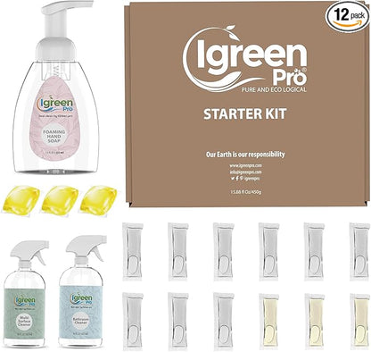 Starter Cleaning Kit I Multi Surface Cleaner I Bathroom Cleaner I Liquid Laundry Detergent I Hand Foaming Soap I Floor Cleaner I Three Free Bottles