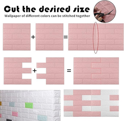 10 PCS Pink 3D Wall Panels, 14.5 sq.feet Coverage, Printable Wallpaper Sticker with Self-Adhesive Waterproof Brick PE Foam Wall Panels Peel and Stick for Interior Wall Decor Home Decoration