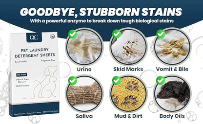 Pet Laundry Detergent Sheets Enzyme Based Odor & Pet Urine Remover-Pet Safe Laundry Sheets-Stain Eliminator-HE Washer Friendly-60 Loads-Carpet & Upholstery Cleaner