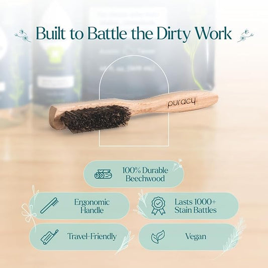 Puracy Laundry Stain Remover Brush for Tough, Deep, and Aged Clothing Stains, with Vegan Bristles for Safe and Effective Stain and Odor Elimination