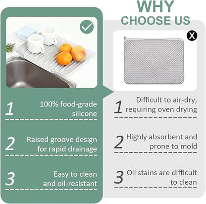 Silicone Kitchen Countertop Dish Drying Mat with Water Collection Tray Non-Slip Pad(Light Gris )