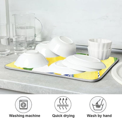 Lemon Blue Tiles Dish Drying Mat for Kitchen Counter Absorbent Microfiber Drying Pad, Large 18x24 in, Reversible Drainer Mats