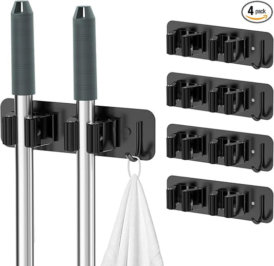 homeasy Wall Mount Mop and Broom Holder, Heavy Duty Stainless Steel Organizer Rack with Hooks | 4-Pack, 2-in-1 No Drill & Screw Installation, Black