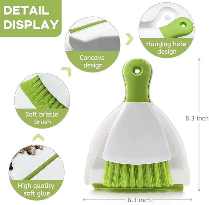 Small Hand Dust Pan and Brush - Small Broom and Dustpan Set, Mini Broom and Dustpan, Compact Dustpans and Brush for Home Cleaning, Sofa, Desk, Guinea Pig Cage, Cat Litter, etc. (Green 2 Set)