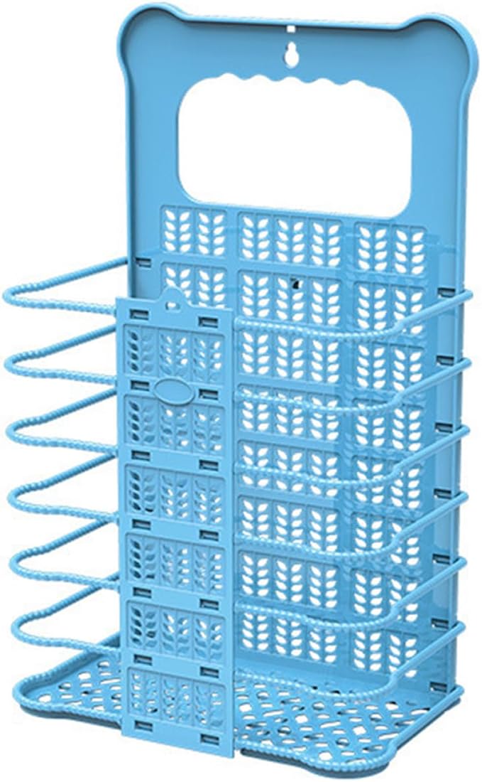 Folding Laundry Hamper Small Blue Plastic Wall Hanging Dirty Clothes Basket Collapsible Storage Organizer for Laundry Room and Bedroom