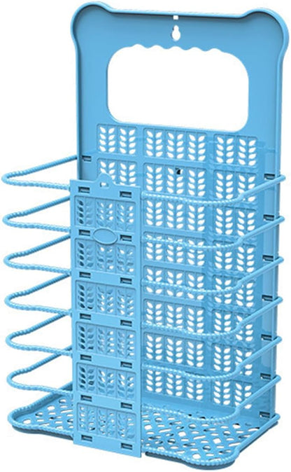 Folding Laundry Hamper Small Blue Plastic Wall Hanging Dirty Clothes Basket Collapsible Storage Organizer for Laundry Room and Bedroom