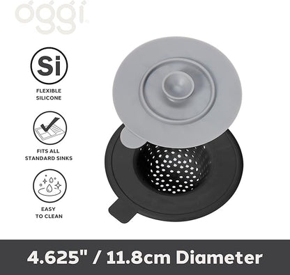 OGGI Silicone Sink Strainer & Stopper Set- Great Kitchen Sink Strainer, Silicone Drain Stopper, Sink Drain Strainer, Sink Plug 4.6˝ Diameter Rim, Black