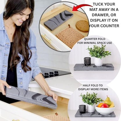 Foldable Stone Dish Drying Mat for Kitchen Counter | 23.5” L x 15.3” W Diatomaceous Earth Quick Drying Pad | Foldable & Super Absorbent Dish Drying Stone for Plates, Bottles & Utensils | Gray