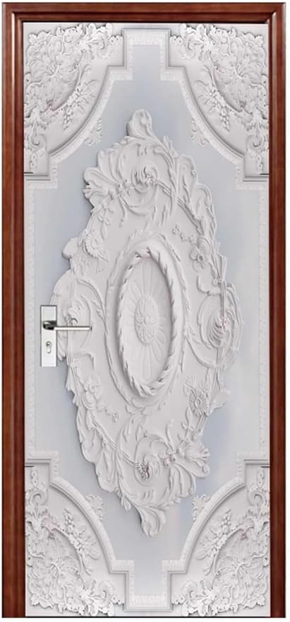 A.Monamour 3D Door Stickers for Interior Doors Luxury White Wall Design with Flowers Relief Moldings Vinyl Waterproof Self Adhesive Door Mural Decals for Bedroom Office Bathroom 85x215cm