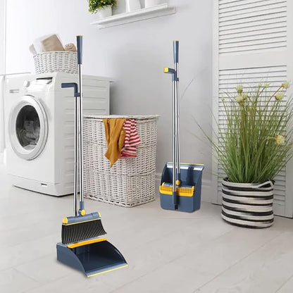 Broom and Dustpan Set for Home, Long Handle Dust Pan and Broom Combo for Indoor Outdoor Heavy Duty Dustpan Set for Kitchen Lobby Office Upright Standing Dustpan with Teeth (Blue)