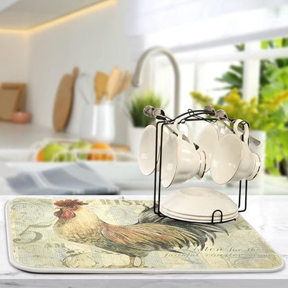 Farmhouse Rooster Dish Drying Mat 16 x 18 Inch with Hanging Loop High Absorbent Reversible Microfiber Dish Drying Pad Dish Rack Pad Drainer Mat for Kitchen Counter Coffee Bar