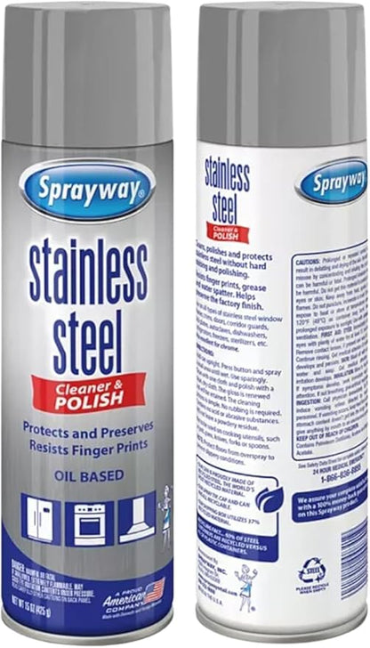 Sprayway Stainless Steel Cleaner Bundle – (2) 15 Oz Stainless Steel Cleaner Polish Cans + EliteWare Premium Microfiber Cloth – Streak-Free Shine for Appliances, Refrigerators & More