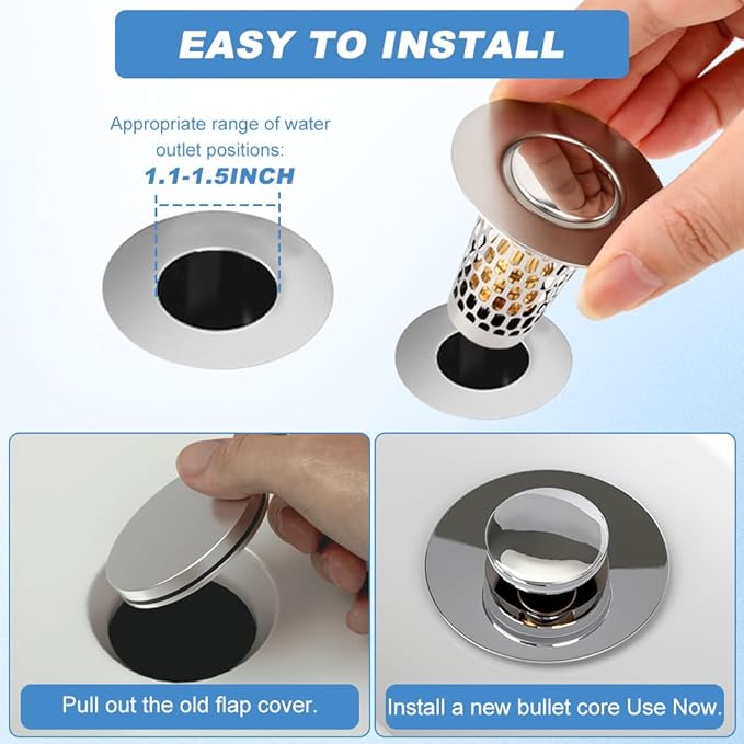 2Pack Bathroom Sink Stopper, Universal Drain Filter for Stainless Steel Floor Drain Filter, Universal Bathroom Sink Drains Pop-up Stopper with Filter Basket Hair Strainer(Color:Silver)