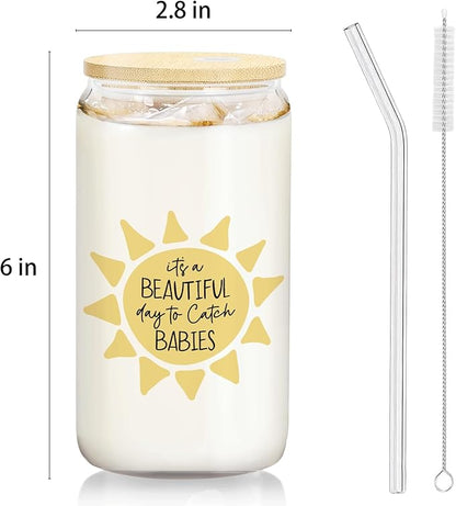 Funny Midwife Doula Gifts Glass Cup with Lids and Straws 14oz - OBGYN Doctor Nurse Labor and Delivery NurseGifts, OBGYN Glass Coffee Tumbler Drinking Jars with Cleaning Brush