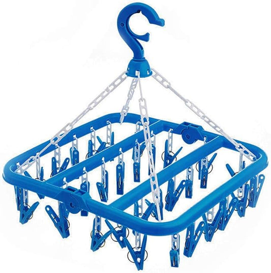 SteelFever Clothes Drying Hanger with 32 Clips, Foldable Hanging Drying Rack for Clothes Underwear Socks (Blue)