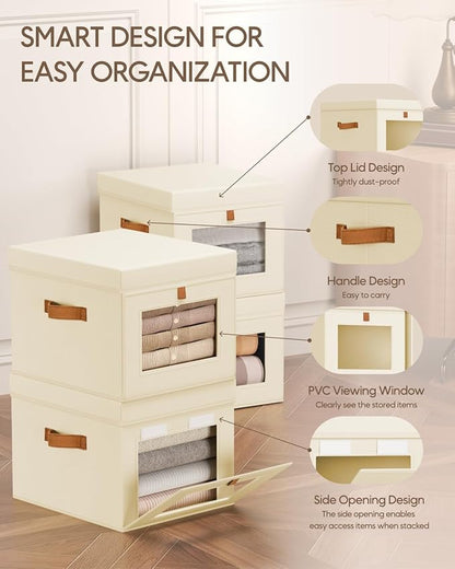 Storage Bins with Lid – Closet Organizer with Side Opening and Clear Window, Foldable Stackable Fabric Basket for Clothes, Home, Office - 13.77" x 11.8" x 9.8", 6 Pack, Beige