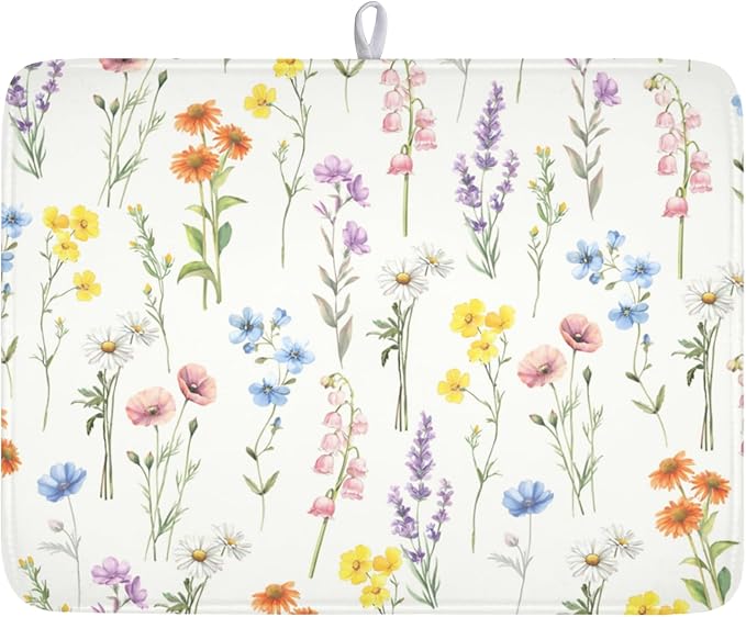 Spring Floral Dish Drying Mat for Kitchen Counter 18 x 24 Inch Colorful Flowers Dish Drainer Mat Absorbent Microfiber Dish Rack Pad for Summer Holiday Coffee Dining Bar Decor