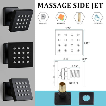 HOMEDEC Brass Square Shower Body Spray Jets Head (Matte Black, 6pcs)