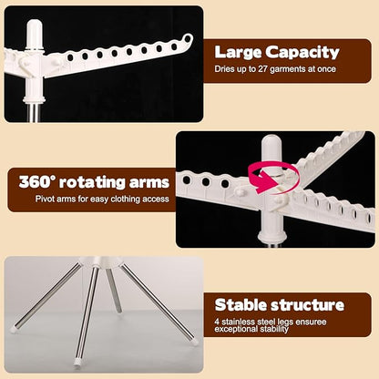 Rotatable and Foldable Clothes Drying Rack 59 Inch Laundry Drying Tree with 27 Hanging Holes, Space-Saving 4-Legged Free Standing Hanger Stand for Indoor, Balcony and Laundry Room