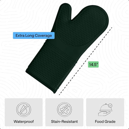 GORILLA GRIP BPA-Free Soft Silicone Oven Mitts, 14.5x8.3, Heat Resistant and Waterproof Cooking Gloves, Thick Cotton Lining, Flexible Gripping for Baking Grilling, Kitchen Potholders Set, Hunter Green