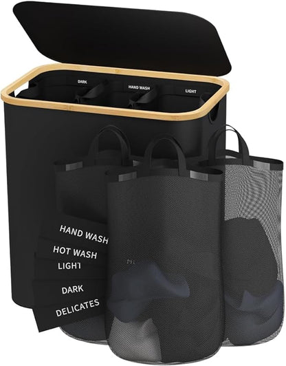 Laundry Hamper with Lid, 160L Dirty Clothes Hamper for Laundry Basket 3 Section, Extra Large Laundry Sorter Hamper 3 Compartment with Removable Inner Bags & Labels, Black