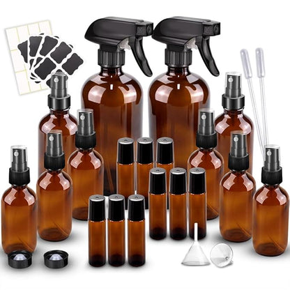 Loretoy Glass Spray Bottle Kit×10 (2×16oz, 2×4oz, 6×2oz), 9×10ml Roller Bottles, Anti UV, Multi Size and Versatile, Suitable for Aromatherapy, Facial Moisturizing, Watering, etc.(Amber)