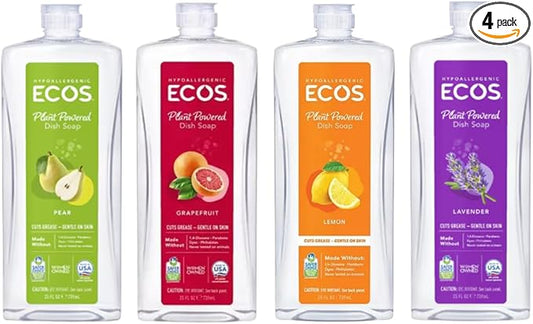 ECOS Plant Based Dish Soap Variety Pack - Natural Dishwashing Liquid Cuts Grease - Hypoallergenic for Sensitive Skin - Free & Clear, Lavender, Grapefruit, Pear - 25 Oz (4 Pack)