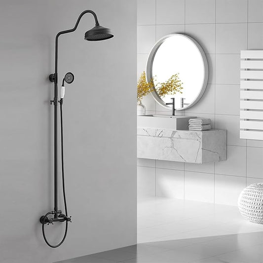 BWE Matte Black Shower Kit Exposed Shower System 8-Inch Rainfall Shower Head with Handheld Spray High Pressure Double Cross Knobs Shower Fixture Wall Mount