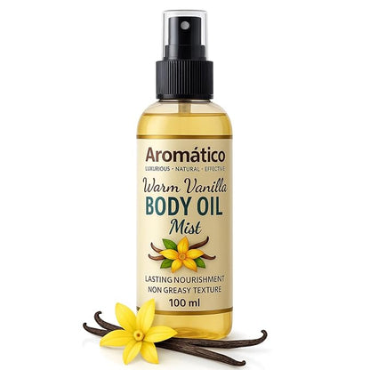 Aromatico Warm Vanilla Mini Body Oil Mist for Women | Lightweight, Non-Sticky, Spray-on formula for Daily use After Shower | Moisturized, Soft, Glowing Skin | Cozy, Creamy Vanilla Scent - 4 Fl Oz