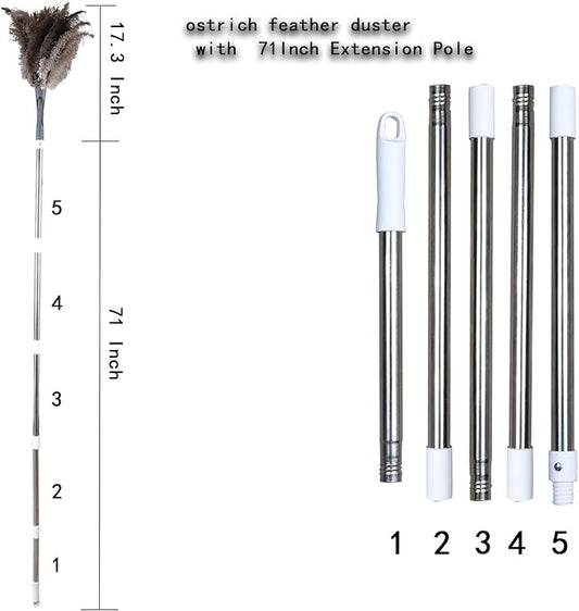 Gray Ostrich Feather Duster with 71 Inch Extendable Pole, Microfiber Duster for Home Cleaning