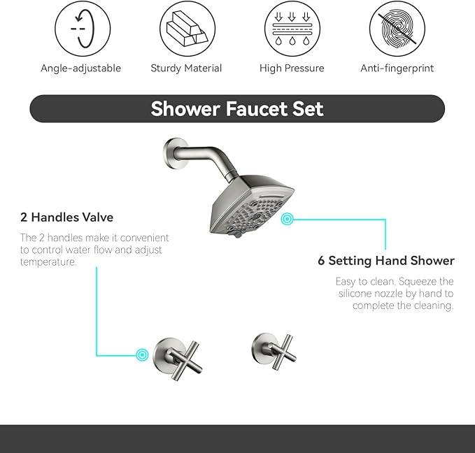 2 Handle Shower Faucet Set 6-Spray Shower Head and Handle Set Shower Trim Kit with Rough-in Valve Bathroom Shower Faucet Valve Trim Kit Brushed Nickel
