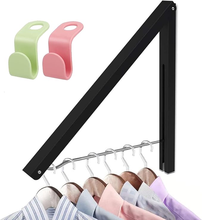Folding Wall Mounted Drying Rack,Retractable Clothes Hanger, Aluminum Drying Coat Racks for Home Storage Organiser Space Saver with 2 Hooks - Black