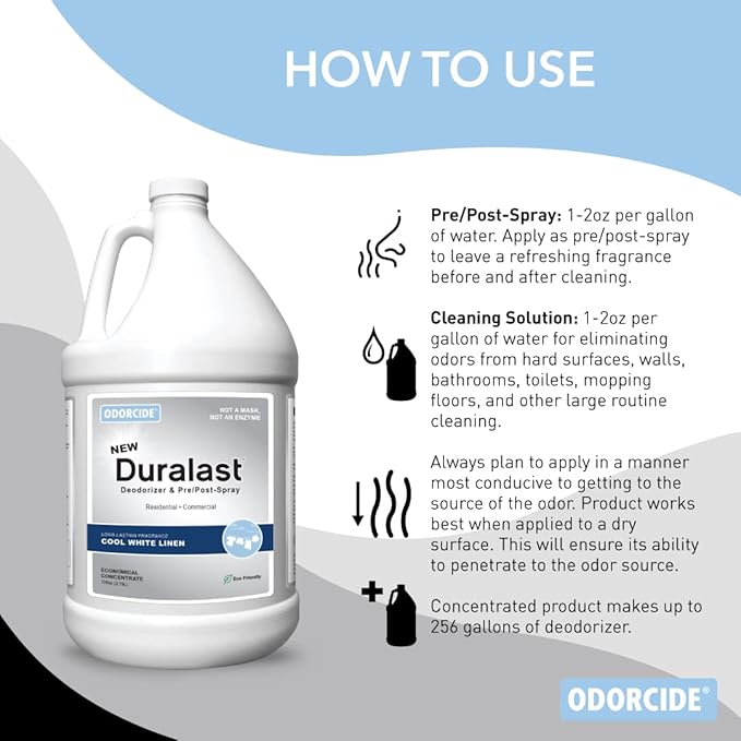 Odorcide Duralast Cool White Linen Odor Eliminator Concentrate - Smoke Odor Eliminator for Strong Odor on Carpet, Floors & More - Sweat & Pet Odor Eliminator with Non-Enzymatic Formula (1 Gal)
