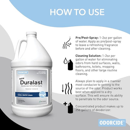 Odorcide Duralast Cool White Linen Odor Eliminator Concentrate - Smoke Odor Eliminator for Strong Odor on Carpet, Floors & More - Sweat & Pet Odor Eliminator with Non-Enzymatic Formula (1 Gal)