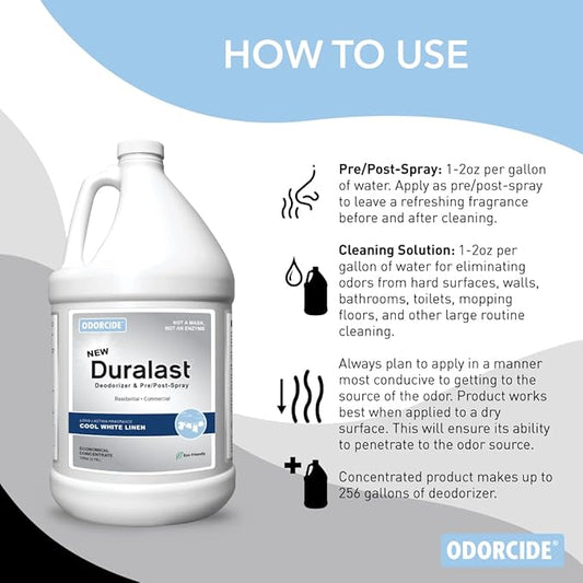 Odorcide Duralast Cool White Linen Odor Eliminator Concentrate - Smoke Odor Eliminator for Strong Odor on Carpet, Floors & More - Sweat & Pet Odor Eliminator with Non-Enzymatic Formula (1 Gal)
