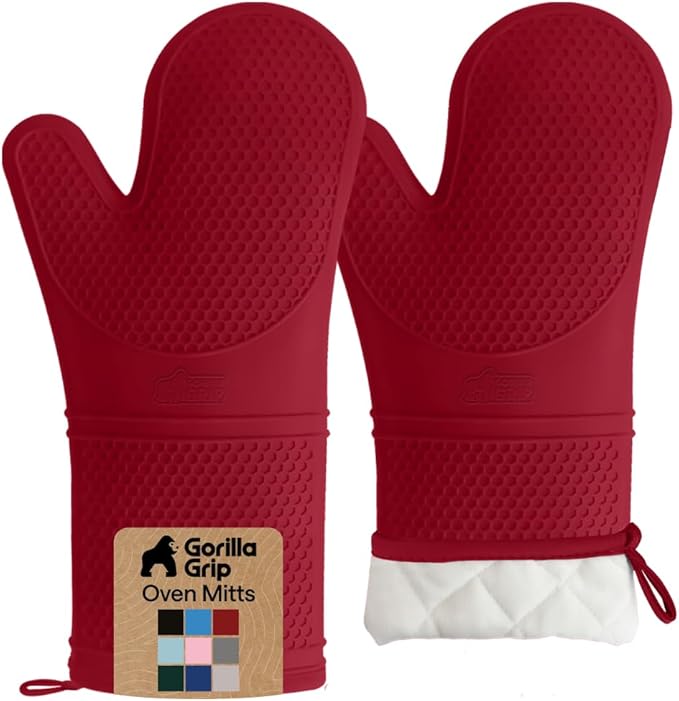 GORILLA GRIP BPA-Free Soft Silicone Oven Mitts, 14.5x8.3, Heat Resistant and Waterproof Cooking Gloves, Thick Cotton Lining, Flexible Gripping for Baking Grilling, Kitchen Potholders Set of 2, Red