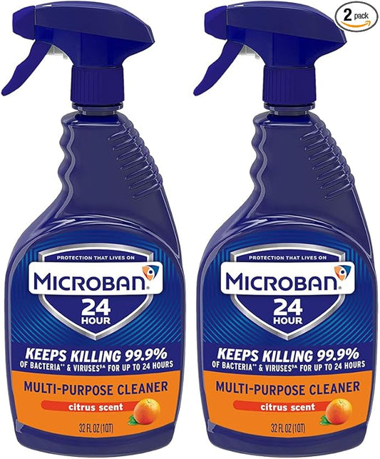 MICROBAN Multi-Purpose Cleaner, 32 oz., 2 Pack, Citrus, Penetrates Soap Scum, Greasy Soils and Reduces Odors, Keeps Killing 99.9% of Bacteria and Viruses for up to 24 Hours