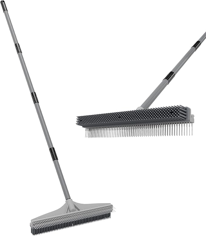 Walensee Carpet Rake for Pet Hair Removal, 2 in 1 Rug Rake to Fluff Carpet with Nylon Groomer Brush, Adjustable Long Handle for Shag Rugs, Stairs, Mats and Floors, Rubber Broom