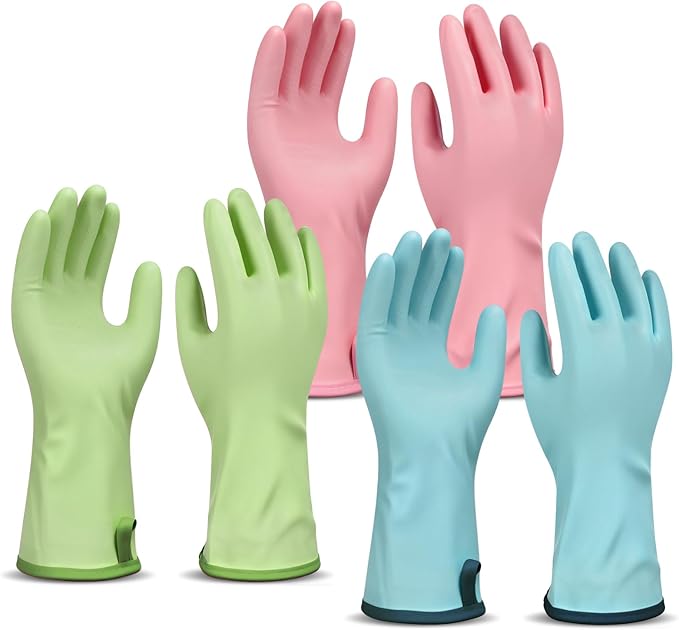 Household Gloves Waterproof with Flock Lining for Dishwashing Cleaning Reusable No-slip for Kitchen & Bathroom 3 Pairs Medium Blue+Green+Pink