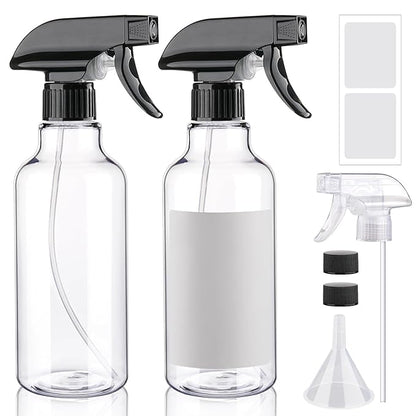Plastic Spray Bottle 16.9oz Empty Spray Bottles Refillable Container Trigger Sprayer for Cleaning Solutions, Water, Plants, Pet, Essential Oils, Hair, 2 Pack (BlackClear)
